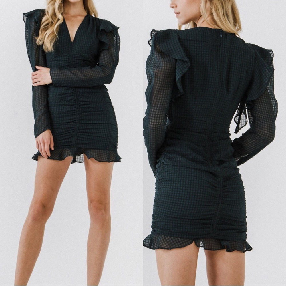 Endless‎ Rose Long Sleeve Mini Dress Medium Plaid Ruched Ruffle Cocktail Party
